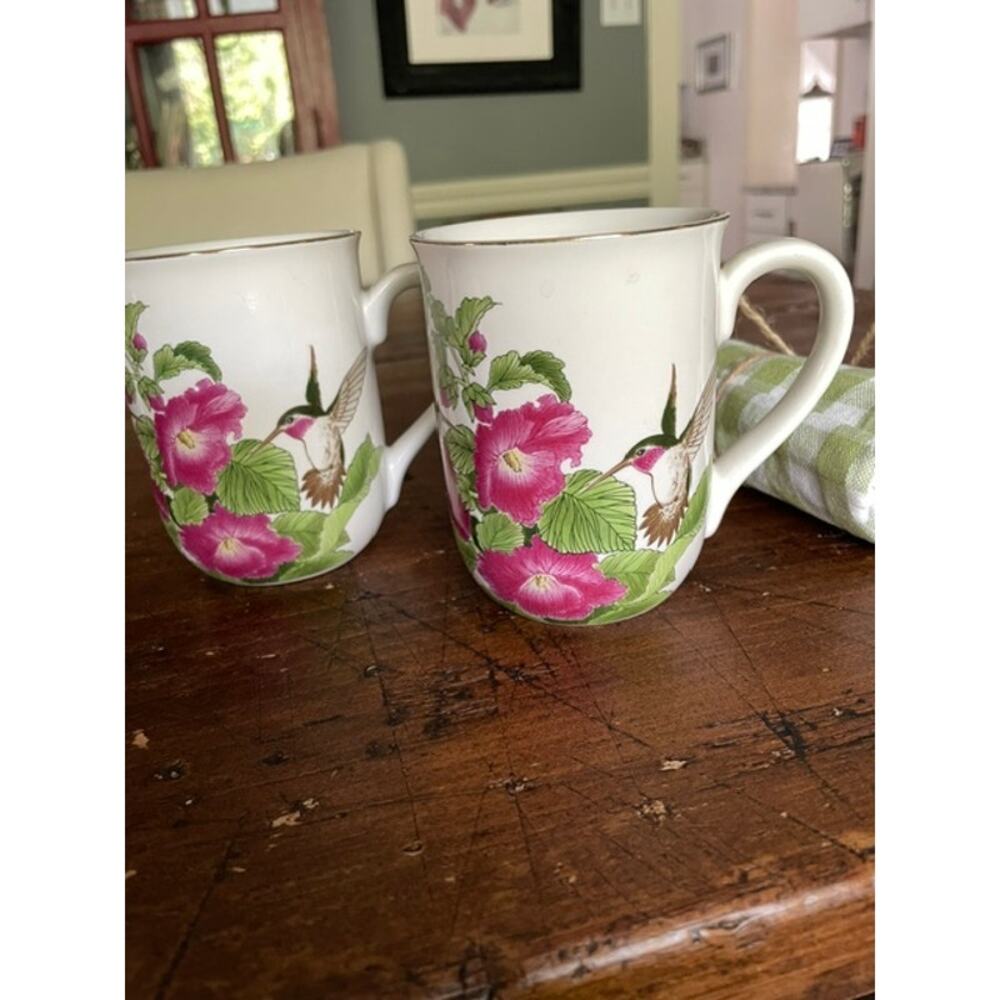 Vintage Otagiri Japan Hummingbird Hollyhock Coffee Mugs Cups Set of 2 Gold Rim